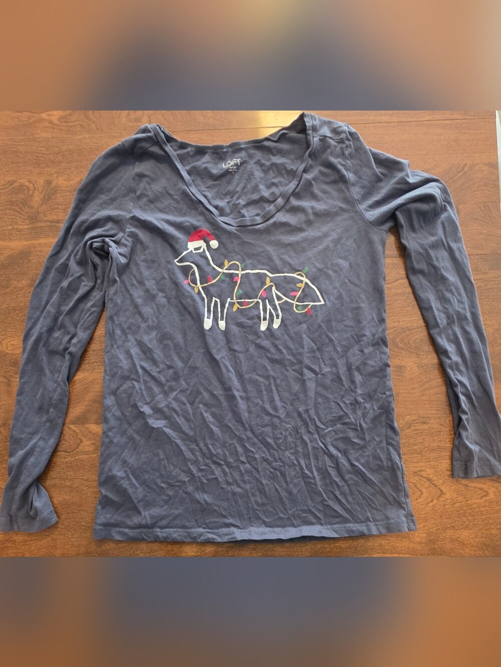 LOFT Navy Long-Sleeve Tee with White Fox and Holiday Lights
